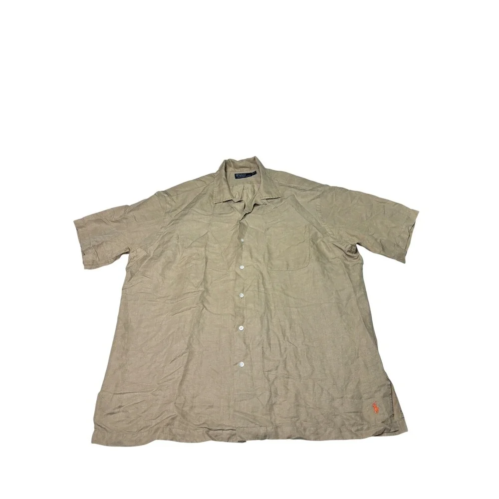 Polo Ralph Lauren‎ Linen Silk Short Sleeve Shirt Tan Khaki Mens XL Orange Pony